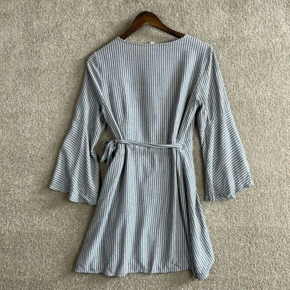 Ecote OU Wrap Dress Womens Size Medium Blue/Tan Striped Bell Sleeve V-Neck 90s - Picture 10 of 11